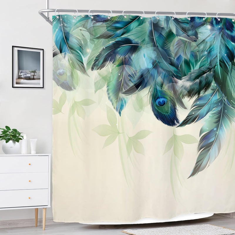 Riyidecor Teal Peacock Turquoise Feather Shower Curtain for Bathroom Decor 72Wx72H Inch Watercolor Green Leaf Bathtub Accessories for Women Girl Vintage Floral Panel Set Fabric Waterproof 12 Pack Hook - Image 3